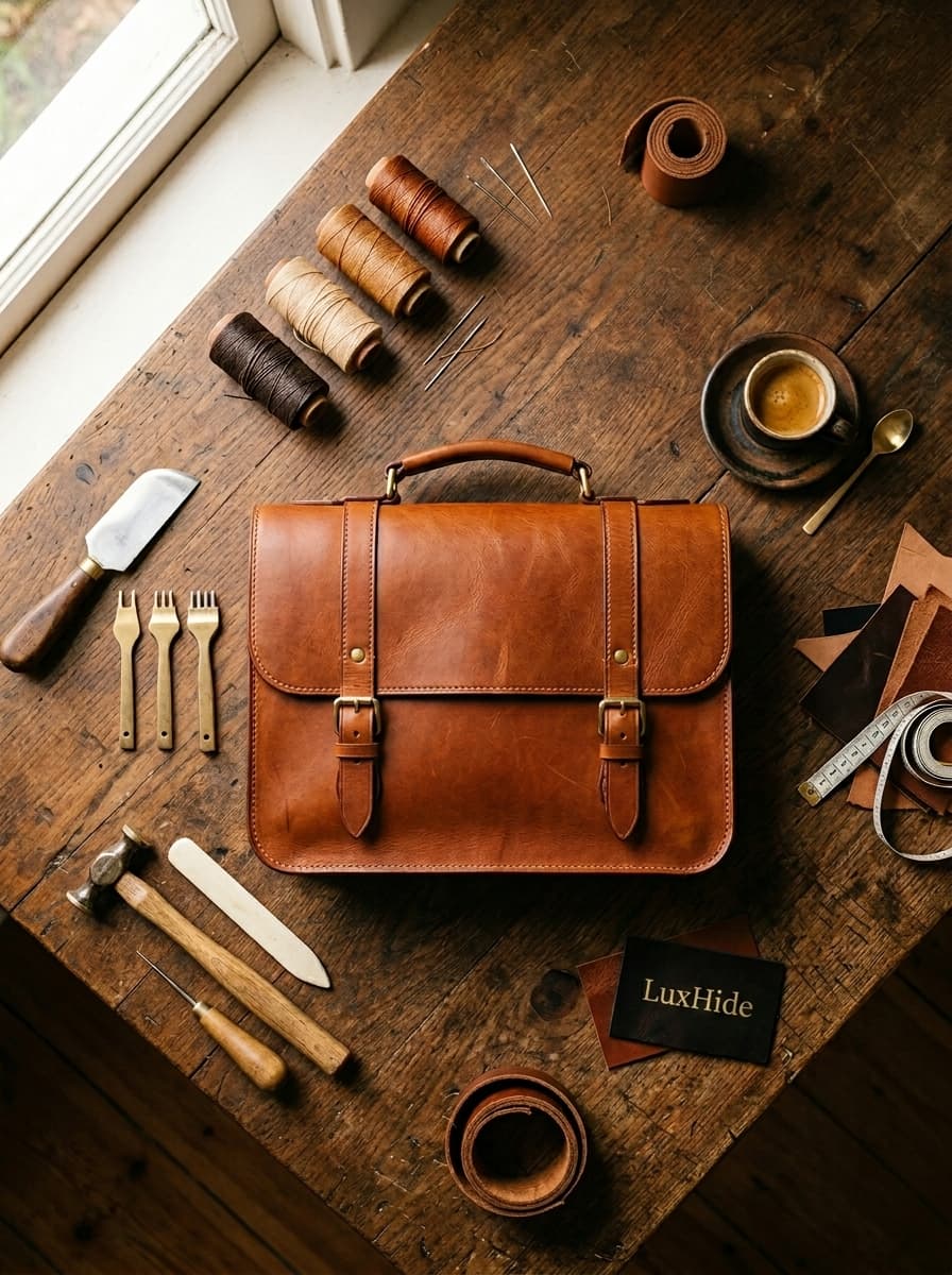 Hands crafting leather in workshop